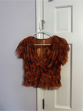 Free People Rust Floral Ruffle Peplum Blouse